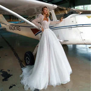 Abito da sposa di lusso 2023 con scintillio glitter, principessa dolcevita a maniche lunghe