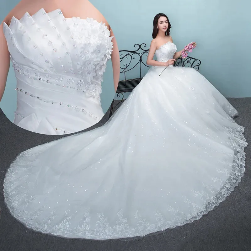 Vestito da sposa di lusso con strascico spazzola con perline e allacciatura in pizzo, sexy e senza spalline, abito da sposa con applicazioni - Vestido De Noiva