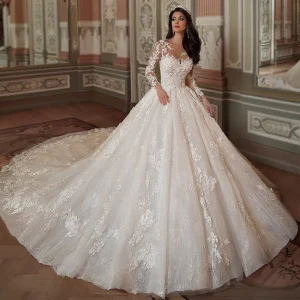 Abiti da sposa di lusso con abito da ballo per donna 2023 Abito da sposa con applicazioni di lacci a maniche lunghe Abiti da sposa