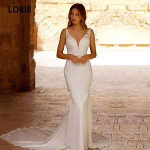Abiti da sposa Boho con scollo a V in pizzo con applicazioni in chiffon elastico bianco senza schienale a sirena sposa di campagna