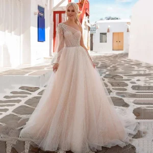 Abito da Sposa Vintage Principessa con Glitter, Perle, Pizzo e Spalla Scoperta