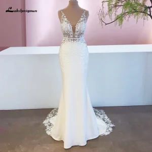 Abito da sposa in pizzo mermaid in stile boho chic del 2023, lussuoso ed elegante con applicazioni in pizzo e satin