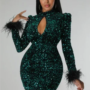 Mini abito elegante in velluto con dettagli in piume di paillettes verde sexy Abito da discoteca aderente aderente per feste da donna senza schienale