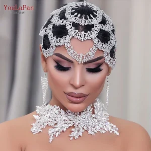 Fascia capelli sposa in strass fatti a mano a forma di grande fiore, copricapo di cristallo vuoto con zirconi per donne