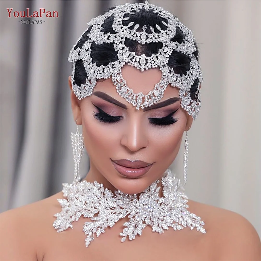Fascia capelli sposa in strass fatti a mano a forma di grande fiore, copricapo di cristallo vuoto con zirconi per donne - immagine 2