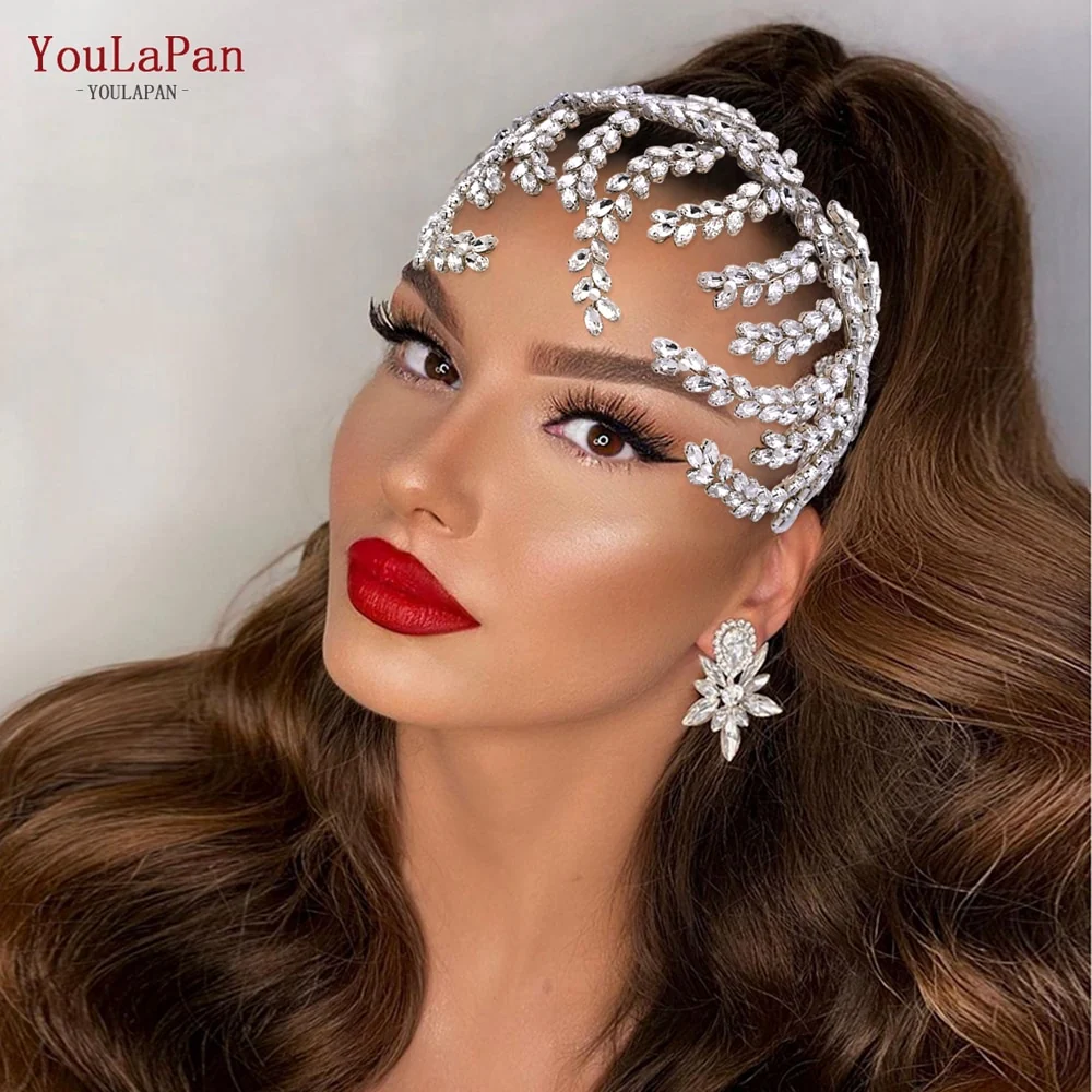 Fascia capelli sposa in strass fatti a mano a forma di grande fiore, copricapo di cristallo vuoto con zirconi per donne - immagine 5